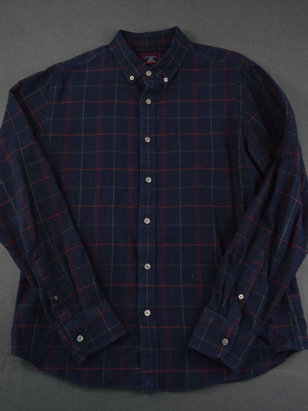 Untuckit Mens Navy Blue Button Down Shirt Long Sleeve Slim Fit Flannel Plaid L
